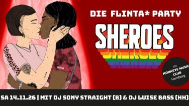 Eventgrafik (zwei küssende FLINTA* + Sheroes-Logo) mit Daten und DJ-Info